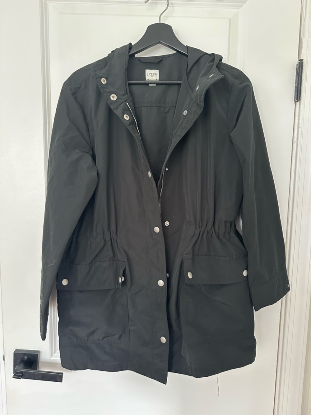 J. Crew Black Hooded Trench Rain Coat with Cinch Waist - Picture 2 of 5